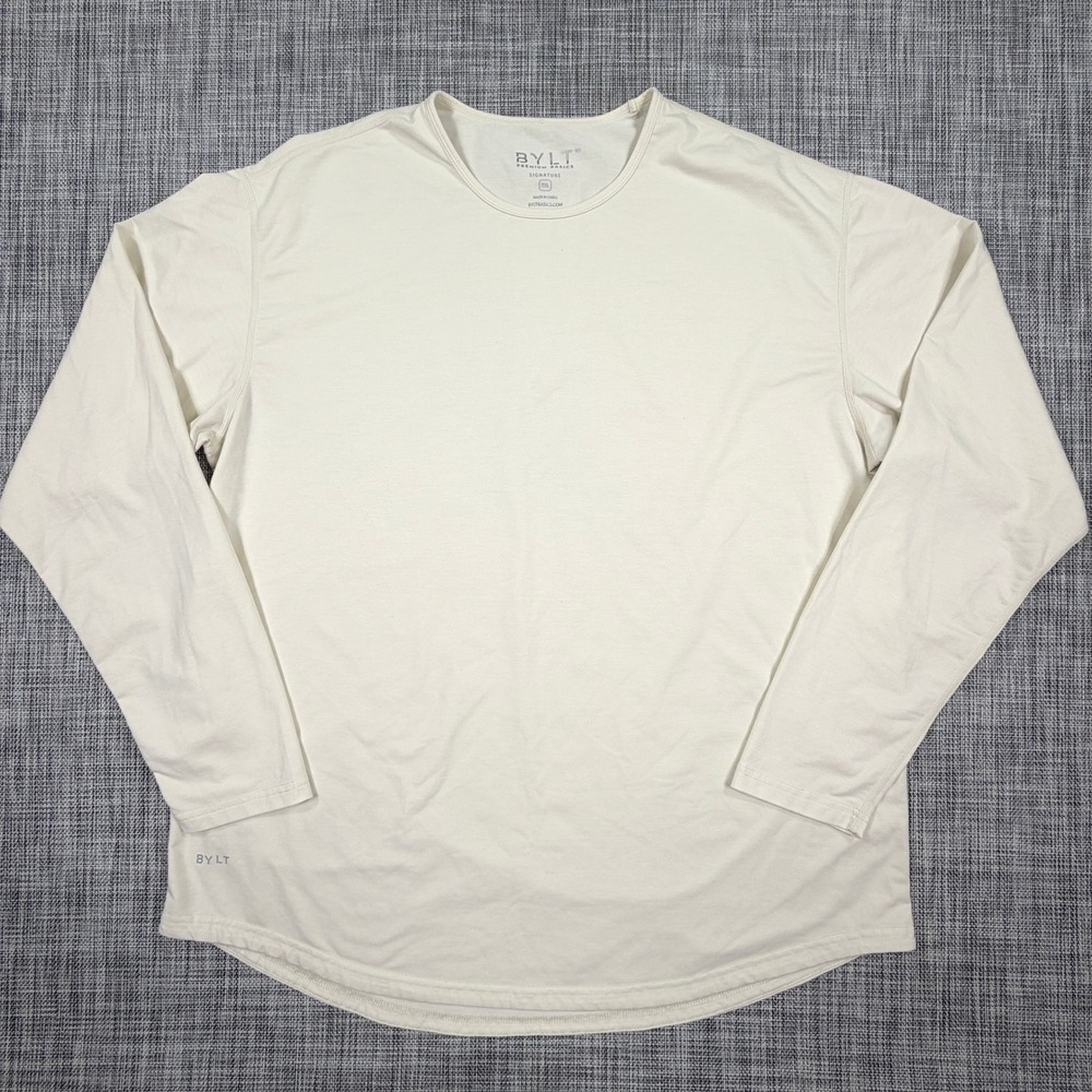 BYLT Signature Mens XXL Cream Drop-Cut Long Sleeve Crewneck Shirt Curved Hem